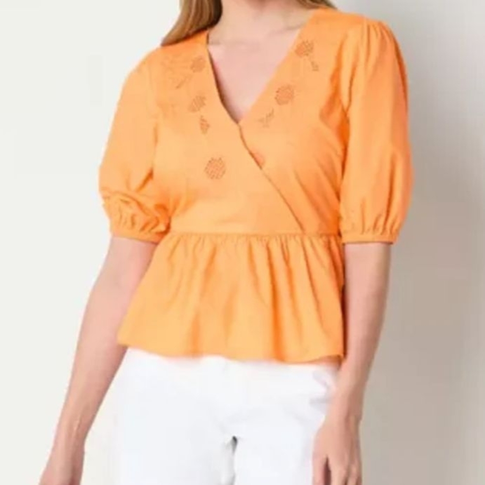 St. John's Bay Orange Floral Embroidered Peplum 100% Cotton Blouse Size L